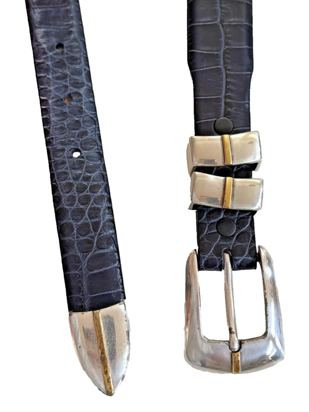 Genuine Italian Calfskin Belt 44 Blue Croc Embossed Leather Silver Tip Western